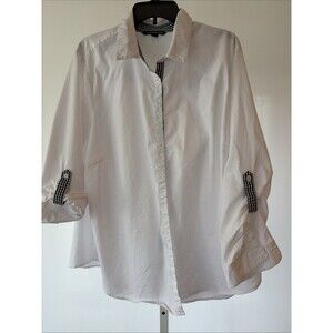Women Zac & Rachel Button Shirt Top Sz 3X White Cotton Blend Black Check Accent